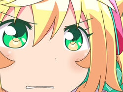  blonde_hair clenched_teeth close-up commentary_request female green_eyes gunuaki gununu_(meme) hacka_doll hacka_doll_1 meme parody solo teeth 