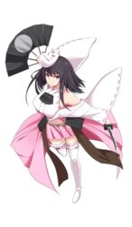  bare_shoulders black_hair boots breasts detached_sleeves female fox_mask full_body hand_fan holding holding_fan holding_weapon japanese_clothes kichihachi kubota_(oshiro_project) large_breasts long_hair looking_at_viewer mask midriff nontraditional_miko official_art oshiro_project:re pink_skirt pleated_skirt purple_eyes short_sword skirt solo sword thigh_boots thighhighs transparent_background weapon 