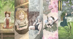  5girls ^_^ aged_down alternate_costume ascot backpack bag bare_arms bare_legs bare_shoulders barefoot blonde_hair blood blue_eyes blunt_bangs blurry book bookshelf bow braid brown_eyes brown_hair buttons camisole cherry_blossoms city clock clock_tower closed_eyes closed_mouth cloud cloudy_sky commentary cup depth_of_field detached_sleeves dress drinking frog frog_hair_ornament from_above full_body ghost green_eyes green_hair green_skirt grey_hair grin hair_ornament hair_ribbon hair_tubes hairband hairbow hakurei_reimu hand_on_another&#039;s_head headpat highres holding holding_book holding_cup holding_hands holding_knife holding_strap holding_sword holding_weapon indoors izayoi_sakuya japanese_clothes katana kirisame_marisa knee_up knife kochiya_sanae konpaku_youki konpaku_youmu konpaku_youmu_(ghost) lolicon long_hair looking_at_viewer looking_up miko multiple_girls nagi_(xx001122) open_mouth outdoors parted_lips petals pocket_watch ribbon road school_bag school_uniform seiza sheath sheathed short_hair short_sleeves shorts side_braid single_braid sitting skirt skirt_set sky smile street sword teacup touhou tower walking watch weapon white_hair wide_sleeves 