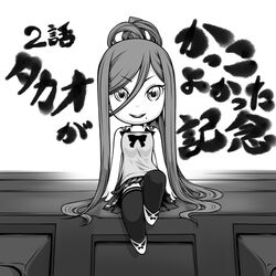  alternate_legwear aoki_hagane_no_arpeggio chibi commentary_request female greyscale long_hair mole mole_under_mouth monochrome personification ponytail smile solo takao_(aoki_hagane_no_arpeggio) takuteks thighhighs translation_request very_long_hair 