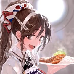  alternate_costume alternate_hairstyle ashigara_(kancolle) bad_id bad_link bad_twitter_id bob_(biyonbiyon) brown_eyes brown_hair close-up curry curry_rice female food headband kantai_collection katsu_curry long_hair lowres oerba_yun_fang official_art ponytail porthole rice sidelocks solo upper_body 