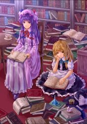  2girls black_hat blue_bow book book_stack bookshelf bow chair commentary_request crystal cup hairbow hat hat_bow hat_ribbon holding holding_book kirisame_marisa long_hair long_sleeves looking_at_another mini-hakkero multiple_girls open_book patchouli_knowledge plate potion puffy_short_sleeves puffy_sleeves purple_eyes purple_hair reading red_bow ribbon short_sleeves sitting smile spoon table tea teacup touhou unworn_hat unworn_headwear wasabichan white_bow white_ribbon witch_hat 