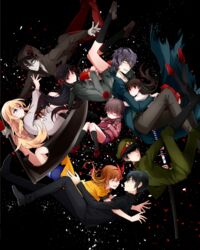  4boys 4girls :d bandages black_background black_footwear black_hair black_pants black_serafuku black_shirt black_skirt black_socks black_thighhighs blonde_hair blood blood_on_clothes blue_eyes blue_shorts book boots braid brown_eyes brown_footwear brown_hair circle_formation closed_eyes closed_mouth commentary_request constricted_pupils debris falling fire_extinguisher flower garry_(ib) genre_connection gokuto_jihen green_pants green_shirt grin hair_between_eyes hair_over_one_eye hair_ribbon hat highres himeno_mikoto holding holding_book hood hug ib_(ib) ib_(kouri) isaac_foster kaii_shoukougun kanzaki_shiori kirisame_ga_furu_mori kirishima_(gokuto_jihen) knee_boots kneehighs knees_together_feet_apart loafers long_hair long_sleeves looking_at_another madotsuki mary_janes military military_uniform multiple_boys multiple_girls open_mouth outstretched_arm outstretched_arms pants peaked_cap pleated_skirt profile purple_hair rachel_gardner reaching red_flower red_footwear red_pants red_ribbon red_rose red_skirt ribbon rose satsuriku_no_tenshi school_uniform scythe serafuku sheath shirt shoes short_hair shorts skirt smile socks suga_koutarou sweatdrop sword thighhighs twin_braids uniform unsheathing very_long_hair weapon yellow_shirt yukiblue yume_nikki 