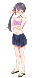  :t akebono_(kancolle) akebono_(swimsuit_mode)_(kancolle) aoi_tiduru bad_id bad_twitter_id bell bikini bikini_top_only blush crossed_arms female flat_chest flip-flops flower full_body hair_bell hair_flower hair_ornament highres jingle_bell kantai_collection long_hair pleated_skirt pout purple_eyes purple_hair sandals side_ponytail simple_background skirt solo swimsuit tears white_background 