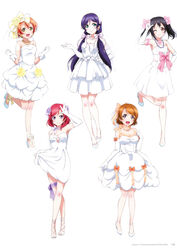  5girls absurdres arm_up armpits bare_shoulders black_hair blush bow breasts choker clenched_hand closed_mouth collarbone dress earrings elbow_gloves full_body gloves green_eyes hair_ornament hairbow high_heels highres holding hoshizora_rin jewelry koizumi_hanayo leg_up lineup long_hair looking_at_viewer love_live! love_live!_school_idol_project morimoto_yufuki multiple_girls necklace nishikino_maki official_art one_eye_closed open_mouth orange_hair page_number pearl_necklace photoshop_(medium) purple_eyes purple_hair red_eyes red_hair scan short_hair simple_background skirt_hold smile standing strapless strapless_dress thigh_strap thighhighs tojo_nozomi twintails wedding_dress white_background white_dress white_gloves yazawa_nico yellow_eyes zettai_ryouiki 