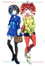  2girls alternate_costume bag black_hair black_legwear black_shorts blue_dress blue_eyes blue_hair blush bow breasts casual dress drill_hair full_body fur_trim garie_tuman grin hairband hairbow long_hair long_sleeves looking_at_viewer lyrical_denko medium_breasts micha_jawkan multicolored_hair multiple_girls pale_skin pantyhose pink_hair puffy_sleeves red_eyes red_hair red_legwear senki_zesshou_symphogear short_hair shorts smile teeth thighhighs twin_drills two-tone_hair very_long_hair white_background 