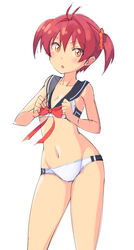  :o adapted_costume bishoujo_senshi_sailor_moon blush bra brown_eyes commentary_request female flat_chest hair_ornament highres isshiki_akane michairu national_shin_ooshima_school_uniform navel open_mouth panties parody red_hair sailor_collar sailor_moon_narikiri_bra_set school_uniform short_hair solo standing stomach twintails underwear underwear_only vividred_operation white_bra 