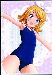  blonde_hair blue_eyes blue_one-piece_swimsuit blush female hair_ribbon highres kagamine_rin old_school_swimsuit one-piece_swimsuit open_mouth ribbon scan school_swimsuit sin-go smile solo swimsuit vocaloid 