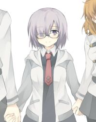  1boy 2girls akafuku_pukoemon bad_id bad_pixiv_id blush breasts chaldea_uniform fate/grand_order fate_(series) fujimaru_ritsuka_(female) fujimaru_ritsuka_(male) glasses grey_sleeves hair_over_one_eye height_difference highres holding_hands jacket long_sleeves looking_at_viewer mash_kyrielight medium_breasts multiple_girls necktie orange_hair out_of_frame pantyhose purple_eyes purple_hair red_necktie short_hair simple_background skirt smile white_background 