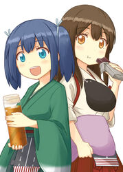  2girls :d :t akagi_(kancolle) blue_eyes blue_hair bottle breasts brown_eyes brown_hair candy candy_bar commentary_request eating food hair_ribbon harunatsu_akito highres holding japanese_clothes jar kantai_collection large_breasts long_hair multiple_girls muneate open_mouth photoshop_(medium) pillow ribbon simple_background smile souryuu_(kancolle) twintails white_background 