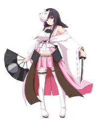  bare_shoulders black_hair boots breasts detached_sleeves female fox_mask full_body hand_fan holding holding_fan holding_weapon japanese_clothes kichihachi kubota_(oshiro_project) large_breasts long_hair looking_at_viewer mask midriff nontraditional_miko official_art oshiro_project:re pink_skirt pleated_skirt purple_eyes short_sword skirt solo sword thigh_boots thighhighs transparent_background weapon 