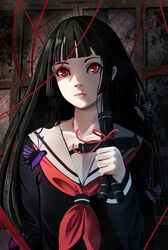  black_hair black_serafuku blunt_bangs bug butterfly commentary_request cross enma_ai female highres indoors jigoku_shoujo long_hair looking_at_viewer photoshop_(medium) red_eyes red_ribbon ribbon school_uniform serafuku solo straw_doll sysen upper_body very_long_hair 