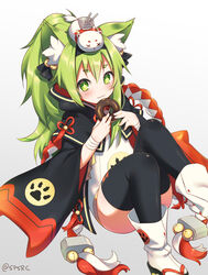  +_+ :3 animal_ears azur_lane bad_id bad_pixiv_id bell black_bow black_thighhighs blush boots bow cannon cat_ears commentary_request doughnut female food green_eyes green_hair grey_background hair_ornament hairband hairbow highres hikimayu holding isokaze_(azur_lane) japanese_clothes jingle_bell long_sleeves looking_at_viewer platform_footwear sandals simple_background sitting smile solo supershiruco tassel thighhighs twitter_username white_footwear wide_sleeves wristband x_x 