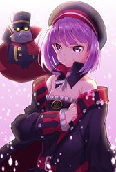  &gt;:) colonel_olcott_(fate) commentary_request detached_sleeves dress fate/grand_order fate_(series) female helena_blavatsky_(fate) helena_blavatsky_(third_ascension)_(fate) highres looking_at_viewer purple_eyes purple_hair sefirot shiime short_hair smile solo thighhighs v-shaped_eyebrows 