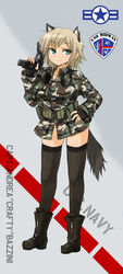  animal_ears bad_id bad_pixiv_id beretta_93r camouflage commentary dakku_(ogitsune) extended_magazine female gun handgun headset military military_uniform original panties photoshop_(medium) solo strike_witches_1991 tail thighhighs underwear uniform weapon woodland_camouflage world_witches_series 