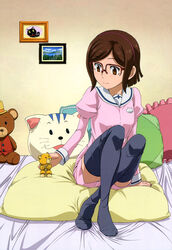  absurdres beargguy_iii bed_sheet blush brown_eyes brown_hair crossed_legs dress female frilled_pillow frills glasses gundam gundam_build_fighters gunpla hairband highres juliet_sleeves kousaka_china long_sleeves matsukawa_tetsuya model_kit no_shoes nyantype official_art on_bed over-rim_eyewear pillow puffy_sleeves red-framed_eyewear sailor_dress scan semi-rimless_eyewear short_hair sitting solo stuffed_animal stuffed_toy teddy_bear thighhighs 