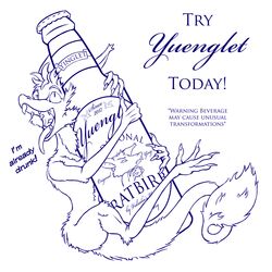  1:1 advertisement alcohol beer beverage blue_and_white bottle claws container dialogue drunk english_text fine_print fluffy fuzz fuzzy happy hi_res hug ink label lord_magicpants mammal monochrome out-of-placers product ratbirb ratbird solo substance_intoxication teeth text tongue tongue_out yinglet 