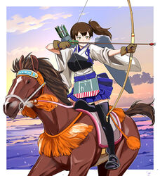  aiming archery arrow_(projectile) black_thighhighs blush bow_(weapon) bowieknife breasts brown_eyes brown_hair cloud commentary_request drawing_bow female gloves hakama hakama_short_skirt hakama_skirt holding holding_arrow holding_bow_(weapon) holding_weapon horse horseback_archery horseback_riding japanese_clothes kaga_(kancolle) kantai_collection kyuudou medium_breasts muneate outstretched_arm partially_fingerless_gloves quiver riding short_hair side_ponytail single_glove skirt sky solo tasuki thighhighs weapon yugake 