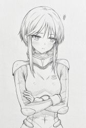  blush closed_mouth commentary_request covered_navel covered_nipples crossed_arms female frown graphite_(medium) greyscale gundam gundam_zz highres long_hair mecha_pilot_suit monochrome puru_two seishun_dendeke sidelocks solo squiggle standing traditional_media upper_body 