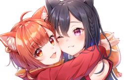  2girls animal_ears bare_shoulders black_hair blush couple dress hand_on_another&#039;s_shoulder hand_on_own_chin happy highres hood hood_down hug ichinose_uruha ichinose_uruha_(3rd_costume) long_sleeves looking_at_viewer lupinus_virtual_games medium_hair multiple_girls nijisanji one_eye_closed purple_eyes ratna_petit ratna_petit_(2nd_costume) red_dress red_eyes red_hair smile stroking_own_chin teeth toki_(toki_ship8) transparent_background virtual_youtuber vspo! yuri 