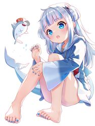  absurdres animal_hood bare_legs barefoot bloop_(gawr_gura) blue_eyes blue_hair blue_hoodie blue_nails blunt_bangs blush collarbone convenient_leg feet female fins fish_tail gawr_gura gawr_gura_(1st_costume) grey_hair hair_ornament hand_up highres hololive hololive_english hood hoodie legs long_hair long_sleeves multicolored_hair nail_polish open_mouth oversized_clothes panties panty_peek paw_pose shark_girl shark_hair_ornament shark_hood shark_tail sharp_teeth shinno sidelocks simple_background sleeves_past_wrists solo streaked_hair tail teeth thighs toe_scrunch toenail_polish toenails toes two_side_up underwear upper_teeth_only virtual_youtuber white_background white_panties wide_sleeves 