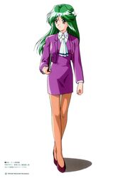  1990s_(style) ascot asou_kasumi brown_eyes copyright_name dress female full_body green_hair highres holding jacket kokura_masashi long_hair long_sleeves non-web_source notebook office_lady official_art pantyhose purple_dress retro_artstyle short_dress simple_background smile solo standing tokimeki_memorial tokimeki_memorial_2 translation_request white_background 