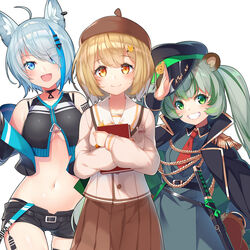  3girls :d ahoge aiguillette animal_ear_fluff animal_ears animare bare_shoulders bear_ears belt black_coat black_headwear black_shirt black_shorts blue_eyes blue_hair book breasts brown_hair brown_headwear brown_skirt choker coat commentary_request crop_top cropped_jacket dog_ears dress ear_piercing epaulettes eyes_visible_through_hair green_eyes green_hair grey_hair grin hair_ornament hair_over_one_eye hairclip hat highres hinokuma_ran inaba_haneru_(animare) jacket jacket_on_shoulders katana kokka_han large_breasts long_hair looking_at_viewer midriff multicolored_hair multiple_girls nanashi_inc. navel necktie off_shoulder open_clothes open_jacket open_mouth orange_eyes peaked_cap piercing pleated_skirt salute school_uniform sheath sheathed shirt short_hair short_necktie short_shorts shorts simple_background skirt sleeveless sleeveless_shirt smile souya_ichika souya_ichika_(4th_costume) stomach streaked_hair sword twintails underboob virtual_youtuber weapon white_background white_shirt wing_collar 