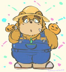  2020 anthro bear brown_body brown_fur buta5kawa clothing eyewear food fruit fur glasses hat headgear headwear hi_res lifewonders male mammal overalls plant pumpkin slightly_chubby solo straw_hat tokyo_afterschool_summoners volos_(tas) 