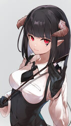  absurdres black_gloves black_hair breasts closed_mouth demon_girl demon_horns demon_tail facial_mark facial_tattoo female gloves highres hime-sama_&quot;goumon&quot;_no_jikan_desu holding holding_riding_crop horns lips long_sleeves looking_at_viewer medium_breasts medium_hair mimizuku_(mmiganaru) pointy_ears red_eyes riding_crop shirt solo standing suspenders tail tattoo torture_tortura upper_body white_background white_shirt 