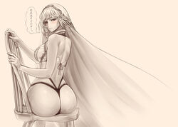  ... altera_(fate) ass back bad_id bad_twitter_id blunt_bangs blush breasts chair commentary dark-skinned_female dark_skin fate/grand_order fate_(series) female from_behind hayama_kazusa highres looking_at_viewer looking_back medium_breasts midriff monochrome on_chair sitting sitting_sideways solo thought_bubble translated veil 