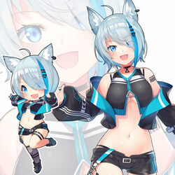  :d ahoge animal_ear_fluff animal_ears animare bare_shoulders belt black_shirt black_shorts blue_eyes blue_hair breasts chibi choker commentary_request crop_top cropped_jacket dog_ears ear_piercing eyes_visible_through_hair female grey_hair hair_ornament hair_over_one_eye hairclip highleg highres jacket kokka_han large_breasts leg_belt long_sleeves looking_at_viewer midriff multicolored_hair multiple_views nanashi_inc. navel off_shoulder open_clothes open_jacket open_mouth piercing puffy_sleeves shirt shoes short_hair short_shorts shorts single_thighhigh sleeveless sleeveless_shirt smile souya_ichika souya_ichika_(4th_costume) stomach streaked_hair thighhighs underboob virtual_youtuber zoom_layer 