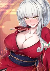  alcohol alternate_costume alternate_hairstyle breasts carmilla_(fate) cleavage commentary_request cup fate/grand_order fate_(series) female fue_(rhomphair) highres japanese_clothes kimono large_breasts looking_at_viewer sakazuki sake solo white_hair yellow_eyes 