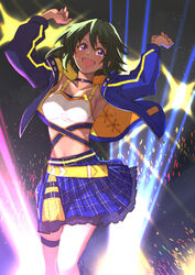  armpits arms_up black_hair breasts choker commentary_request dark-skinned_female dark_skin female hair_between_eyes highres idolmaster idolmaster_cinderella_girls jacket kaoru348 looking_at_viewer medium_breasts natalia_(idolmaster) open_clothes open_jacket open_mouth purple_eyes short_hair skirt solo 