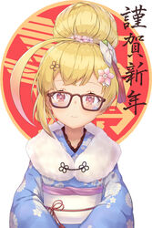  absurdres ahoge azur_lane blonde_hair blue_kimono blush bow brown-framed_eyewear closed_mouth commentary eldridge_(azur_lane) eldridge_(new_year&#039;s_outing)_(azur_lane) facepaint female floral_print flower frilled_kimono frills glasses grey_bow hair_bun hair_flower hair_ornament hairbow happy_new_year highres huge_ahoge japanese_clothes kimono long_sleeves new_year obi official_alternate_costume pink_flower ponta_(velmar) print_kimono red_eyes sash short_hair single_hair_bun smile solo tassel text_background translated upper_body yukata 