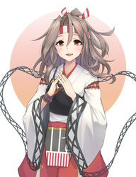  brown_eyes brown_gloves female gloves hachimaki hair_between_eyes hakama hakama_shorts headband high_ponytail highres japanese_clothes kantai_collection kodama_(mmt_uf) light_brown_hair long_hair muneate partially_fingerless_gloves red_hakama shorts single_glove solo wide_sleeves zuihou_(kancolle) zuihou_kai_ni_(kancolle) 