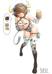  :p animal_ears animal_print bell blush boots breasts brown_eyes brown_hair brownie_(last_origin) cleavage coffee_milk collar commentary_request cow_ears cow_girl cow_horns cow_print ear_tag elbow_gloves female glass gloves highres horns korean_commentary korean_text large_breasts last_origin leotard looking_at_viewer milk neck_bell seo_(tqhgud016) short_hair signature simple_background solo spoken_food thighhighs tongue tongue_out white_background 