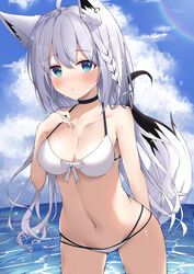  absurdres ahoge animal_ear_fluff animal_ears azur_lane bikini black_choker blush braid breasts choker cilu_shinomori cleavage cloud cloudy_sky commentary_request day earrings female fox_ears fox_girl fox_tail green_eyes hair_between_eyes halterneck highres hololive jewelry long_hair looking_at_viewer medium_breasts navel ocean official_alternate_costume outdoors shirakami_fubuki shirakami_fubuki_(beachside_fox) sidelocks single_braid sky solo string_bikini swimsuit tail virtual_youtuber wet white_bikini white_hair 