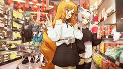  4girls :d arknights black_shirt black_skirt black_thighhighs boots brown_eyes ch&#039;en_(arknights) chinese_new_year clothing_cutout curly_hair drill_hair fingernails food glasses green_eyes green_hair grey_eyes grey_hair groceries hanging_lantern highres holding hoshiguma_(arknights) jacket lantern lay&#039;s_(potato_chips) leaning lin_(arknights) long_hair multiple_girls oerba_yun_fang orange_hair paper_lantern pointing pointing_up pringles puffy_sleeves red_eyes shirt shoes shopping_cart shoulder_cutout sidelocks skirt smile snack sneakers songchuan_li swire_(arknights) thighhighs very_long_hair white_hair white_shirt 