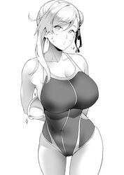  armpit_peek arms_behind_back asymmetrical_hair bare_shoulders blush breasts bun_cover cleavage collarbone commentary competition_swimsuit covered_navel fate/grand_order fate_(series) female greyscale hair_between_eyes hair_bun hair_ribbon large_breasts long_hair looking_at_viewer miyamoto_musashi_(fate) miyamoto_musashi_(swimsuit_berserker)_(fate) miyamoto_musashi_(swimsuit_berserker)_(first_ascension)_(fate) monochrome musical_note one-piece_swimsuit photoshop_(medium) pursed_lips ribbon sideboob sidelocks simple_background single_side_bun soba_(saz) solo sweat swept_bangs swimsuit thighs whistling 