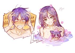  animalization aqua_eyes bathing blue_hair blush commentary earrings embarrassed english_commentary english_text eyelashes feline female genshin_impact hands_in_hair jewelry long_hair mona_(genshin_impact) nananasleep purple_hair ripples scaramouche_(cat)_(genshin_impact) scaramouche_(genshin_impact) soap_bubbles star_(symbol) star_earrings 