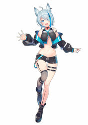  :d ahoge animal_ear_fluff animal_ears animare bare_legs bare_shoulders black_shirt black_shorts blue_eyes blue_hair boots breasts choker commentary_request crop_top cropped_jacket dog_ears eyes_visible_through_hair female full_body grey_hair hair_ornament hair_over_one_eye hairclip highleg highres jacket jewelry kokka_han large_breasts leg_belt long_sleeves looking_at_viewer midriff multicolored_hair nail_polish nanashi_inc. navel off_shoulder open_clothes open_jacket open_mouth puffy_sleeves ring shirt short_hair short_shorts shorts simple_background single_thighhigh sleeveless sleeveless_shirt smile solo souya_ichika souya_ichika_(4th_costume) stomach streaked_hair thighhighs underboob virtual_youtuber white_background 