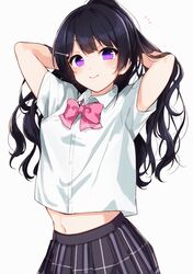  arms_behind_head arms_up bad_id bad_twitter_id black_hair black_skirt bow bowtie collared_shirt commentary_request crop_top crop_top_overhang female goroo_(eneosu) hair_ornament hairclip high-waist_skirt highres long_hair looking_at_viewer midriff midriff_peek miniskirt navel nijisanji notice_lines plaid plaid_skirt pleated_skirt ponytail purple_eyes shirt short_sleeves simple_background skirt smile solo tsukino_mito tsukino_mito_(3rd_costume) upper_body virtual_youtuber white_background white_shirt 