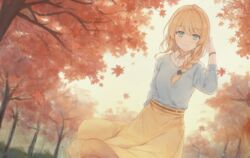  autumn baijiu_(white) black_wristband blonde_hair blue_eyes blue_shirt braid claire_cruller claire_eikaiwa day female hair_ornament hand_up highres long_skirt long_sleeves looking_at_viewer outdoors shirt skirt sky smile solo tree virtual_youtuber white_sky wind x_hair_ornament 