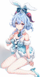  absurdres ahoge amaki_ruto animal_ears bare_shoulders bicute_bunnies_miku blue_footwear blue_hair blush bow breasts cleavage collarbone commentary cosplay covered_navel ear_bow fake_animal_ears female fishnet_pantyhose fishnets fur_trim ganyu_(genshin_impact) genshin_impact hair_ornament hatsune_miku hatsune_miku_(cosplay) high_heels highres horns leotard long_hair looking_at_viewer medium_breasts necktie pantyhose parted_lips pom_pom_(clothes) purple_eyes rabbit_ears shadow simple_background sitting solo strapless strapless_leotard tied_ears vocaloid wariza white_pantyhose wrist_cuffs 