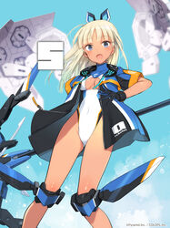  alice_gear_aegis araime_yasuri black_gloves blue_jacket blue_sky blunt_bangs breasts cleavage_cutout clothing_cutout cloud dark-skinned_female dark_skin feet_out_of_frame female gloves groin highleg highleg_leotard highres jacket leotard looking_at_viewer machinery mecha_musume official_art science_fiction shimada_fumikane sky small_breasts solo standing turtleneck turtleneck_leotard white_leotard 