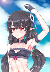  :&lt; anette_(pso2) arm_up armpits bikini black_bikini black_hair blue_sky blush choker cleavage_cutout clothing_cutout cloud day female flat_chest gloves groin hair_ornament half_gloves headgear highres long_hair low_twintails ocean phantasy_star phantasy_star_online_2 pointy_ears red_eyes ribs seinz0 sky sweat swimsuit twintails water 