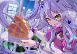  ahoge breasts butter cleavage_cutout clothing_cutout danball_shiro female food gradient_hair grey_hair hair_between_eyes hair_ornament hairpin henya_the_genius highres long_bangs long_hair looking_at_viewer maid maple_syrup multicolored_hair open_mouth pancake pancake_stack purple_hair small_breasts smile solo two_side_up virtual_youtuber vshojo white_wrist_cuffs wrist_cuffs 