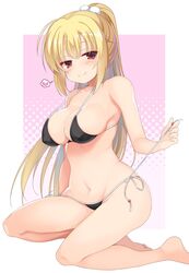  arihara_nanami arm_at_side bad_id bad_twitter_id bare_legs bare_shoulders barefoot bikini black_bikini blonde_hair blush breasts cleavage closed_mouth collarbone covered_nipples curvy english_commentary eyelashes female fingernails full_body groin hair_between_eyes hand_up highres holding holding_ribbon inactive_account large_breasts legs long_hair looking_at_viewer navel pink_background polka_dot polka_dot_background pom_pom_(clothes) ponytail red_eyes ribbon riddle_joker seductive_smile seiza side-tie_bikini_bottom sidelocks simple_background sitting skindentation smile solo stomach swimsuit tatsuya_(trypaint) thighs toes very_long_hair white_background 