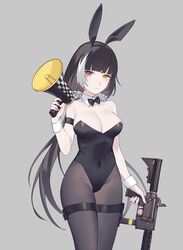  animal_ears bare_shoulders black_hair black_leotard bow bowtie breasts cleavage colt_9mm_smg commentary covered_navel cowboy_shot detached_collar fake_animal_ears female girls&#039;_frontline grey_background gun heterochromia highres holding holding_gun holding_megaphone holding_weapon large_breasts leotard long_hair looking_at_viewer megaphone multicolored_hair pantyhose playboy_bunny rabbit_ears red_eyes ro635_(girls&#039;_frontline) simple_background solo strapless strapless_leotard submachine_gun taiyang_ami thigh_strap trigger_discipline very_long_hair weapon white_hair wrist_cuffs yellow_eyes 