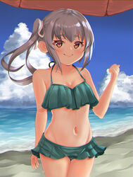  absurdres beach beach_umbrella bikini bikini_skirt blue_sky breasts brown_eyes cleavage cloud collarbone commentary_request cowboy_shot day female green_bikini grey_hair groin highres horizon kantai_collection kasumi_(kancolle) kasumi_kai_ni_(swimsuit_mode)_(kancolle) long_hair looking_at_viewer navel ocean outdoors red_umbrella side_ponytail sky small_breasts solo soujou_motona swimsuit umbrella 